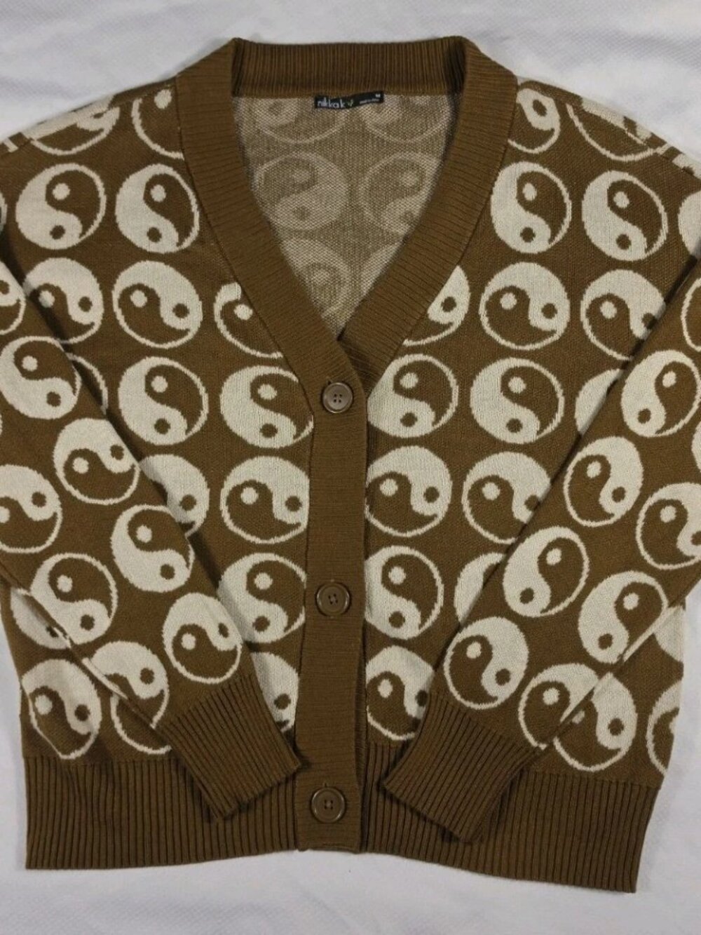 Nikkak Women's Size M YIN YANG Brown Button Cardigan Sweater EUC